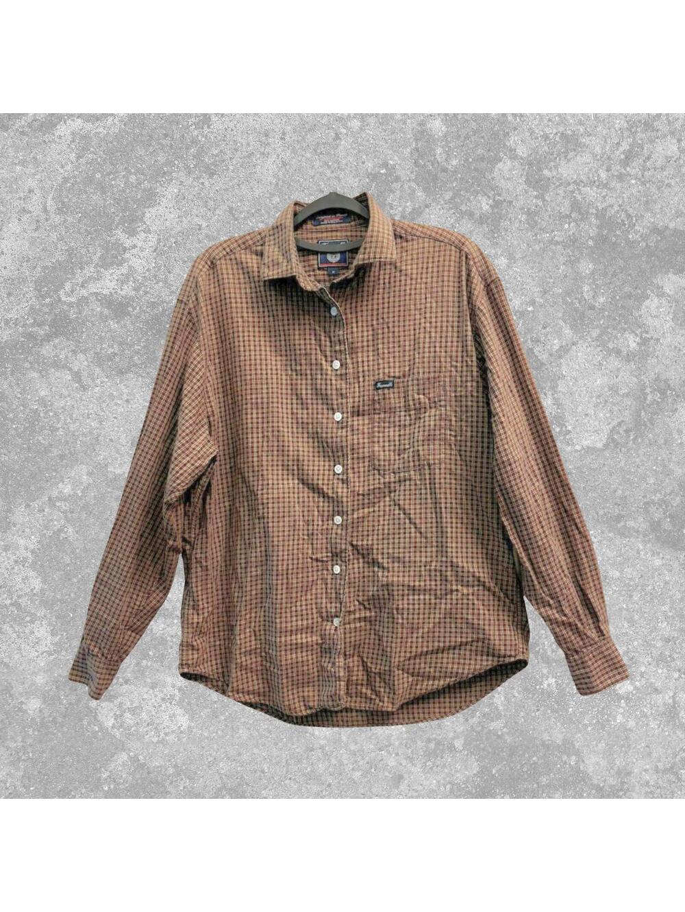 Faconnable Mens M Plaid Button Down Shirt Brown Cotton Preppy Classic France